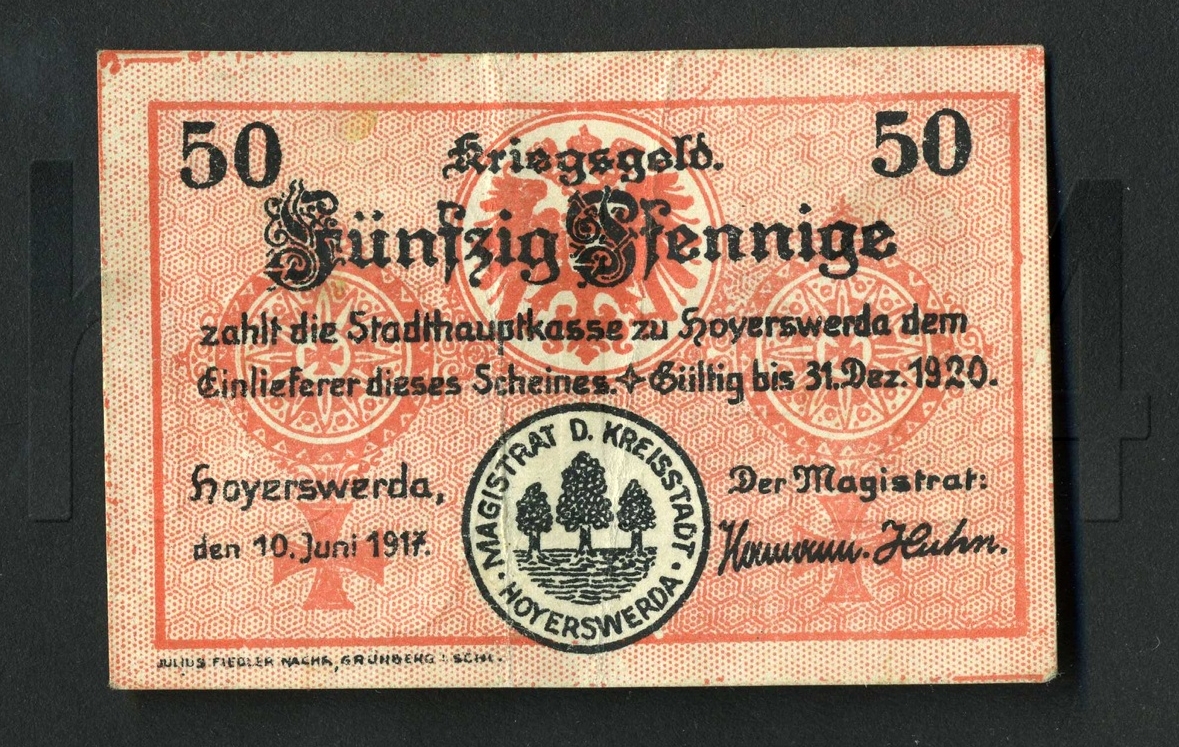 Kleine Rarität, 100 Jahre alt: Hoyerswerdaer Kriegsgeld von 1917, 50 Pfennige - vielleicht auch auf der Börse zu finden. Repro / Sammlung: Uwe Jordan