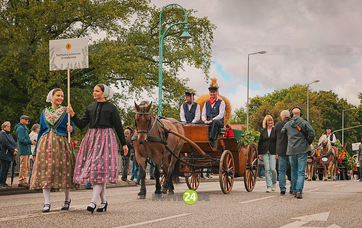 Man sieht Sachsens schönste Erntekrone beim Festumzug.