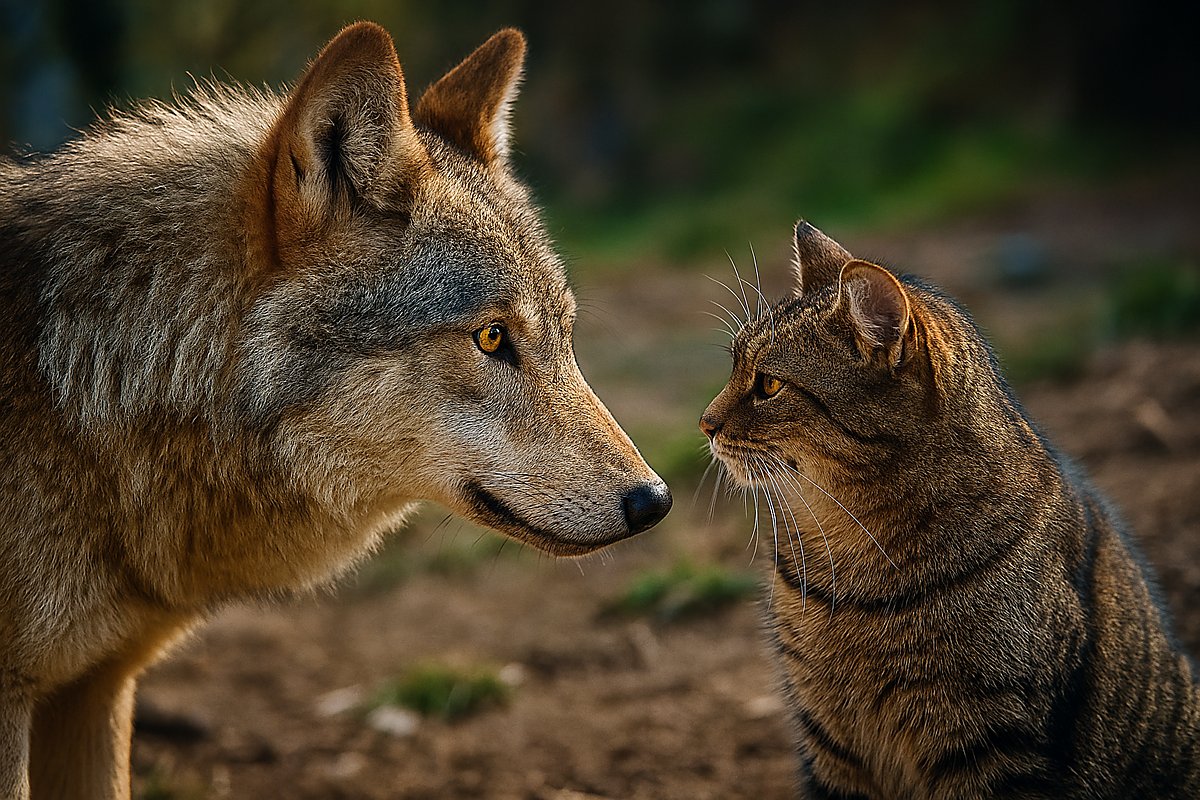 Man sieht einen Wolf und eine Katze.