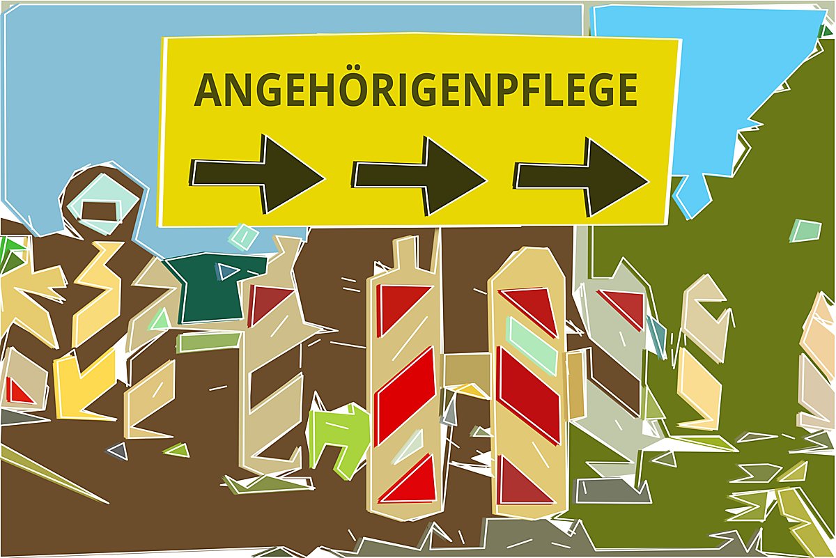 Man sieht ein Schild mit der Aufschrift Angehörigenpflege.