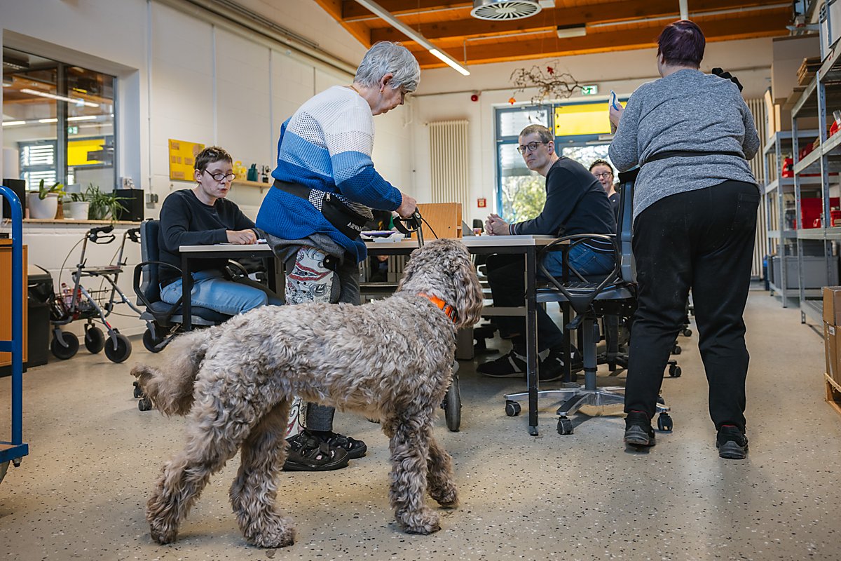 Man sieht Bente mit Mitarbeiterinnen und Mitarbeitern der Lausitzer Werkstätten.