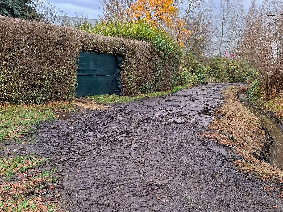 Man sieht den verschlammten Weg.