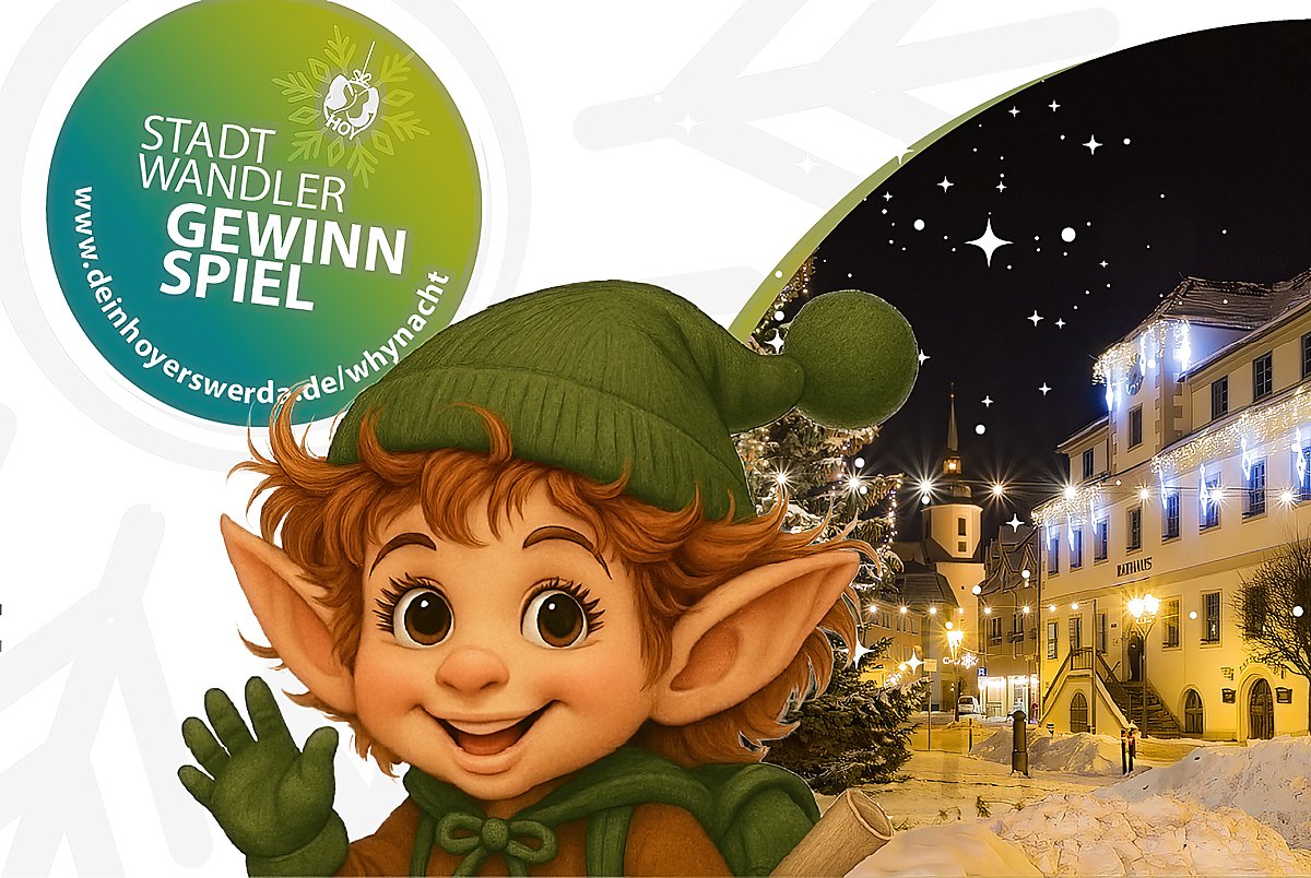 Man sieht Weihnachtswichtel Wuschel und den verschneiten Marktplatz von Hoyerswerda.