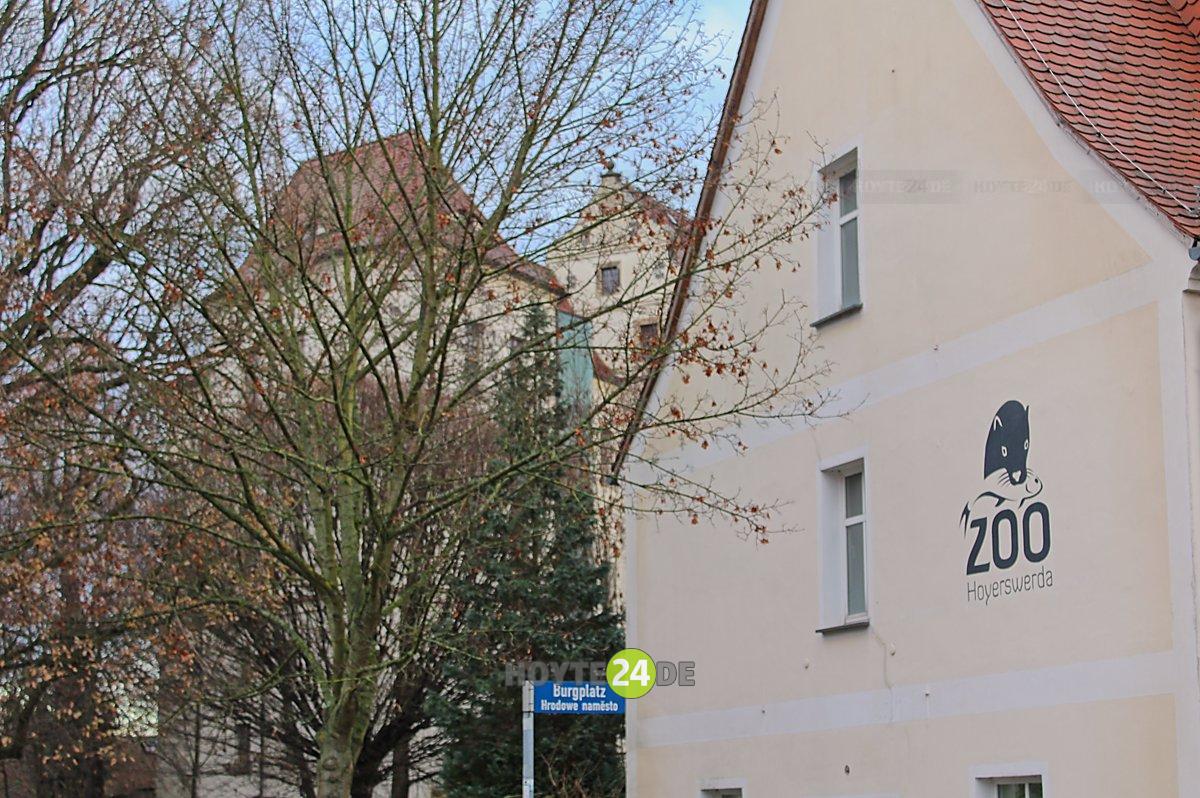 Man sieht die Zooverwaltung und - hinter Bäumen - das Schloss.