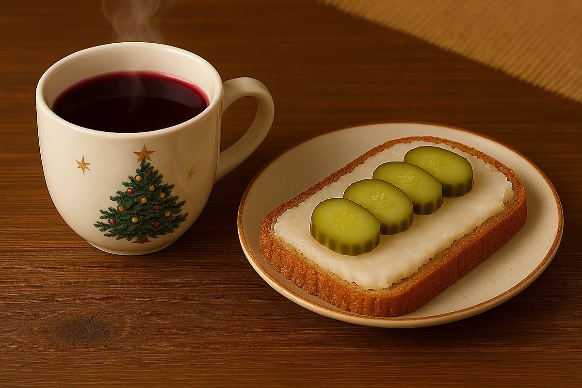 Man sieht eine Tasse Glühwein und eine Schmalzstulle.