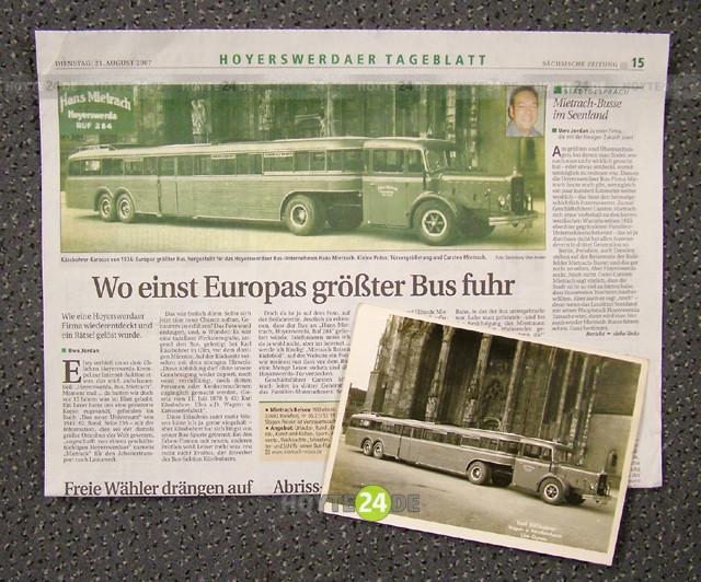 Man sieht eine Zeitung mit der Aufschrift "Wo einst Europas größter Bus fuhr".