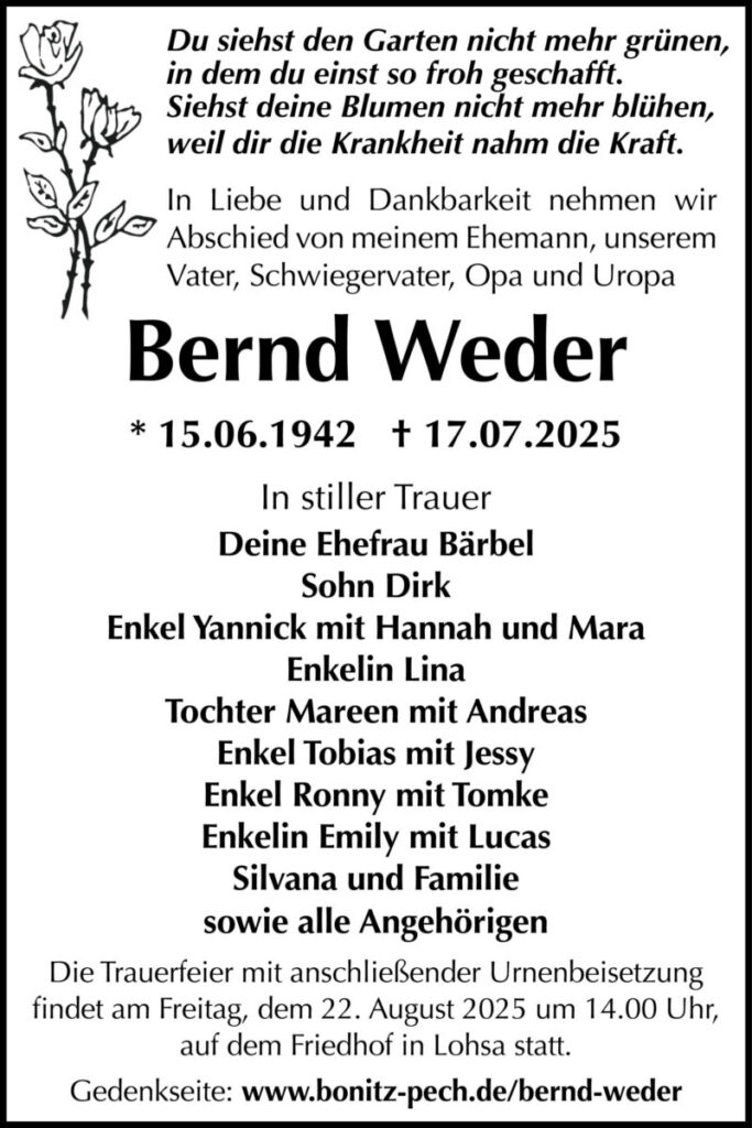 Traueranzeige Bernd Weder