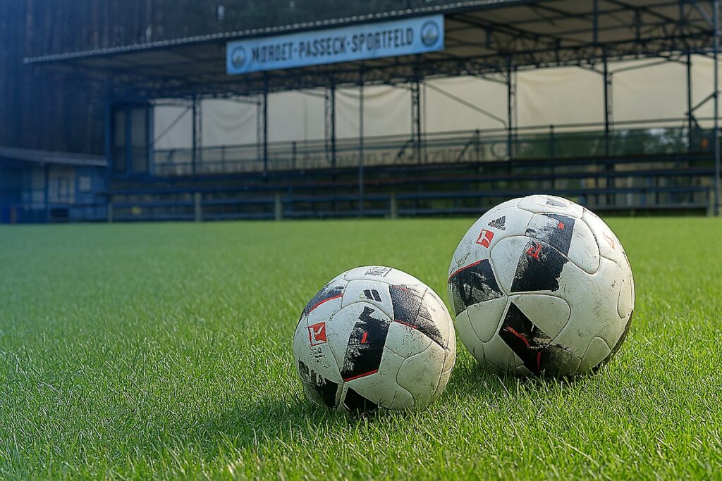 In der Fotomontage befinden sich zwei Fußbälle auf der Wiese des Norbert-Passeck-Sportfeldes.