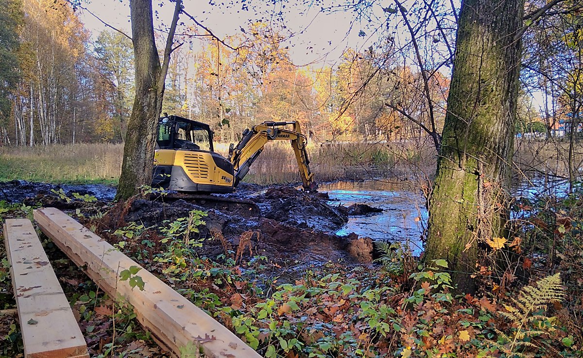 Man sieht die Entschlammung des Waldbadteiches in Wittichenau.