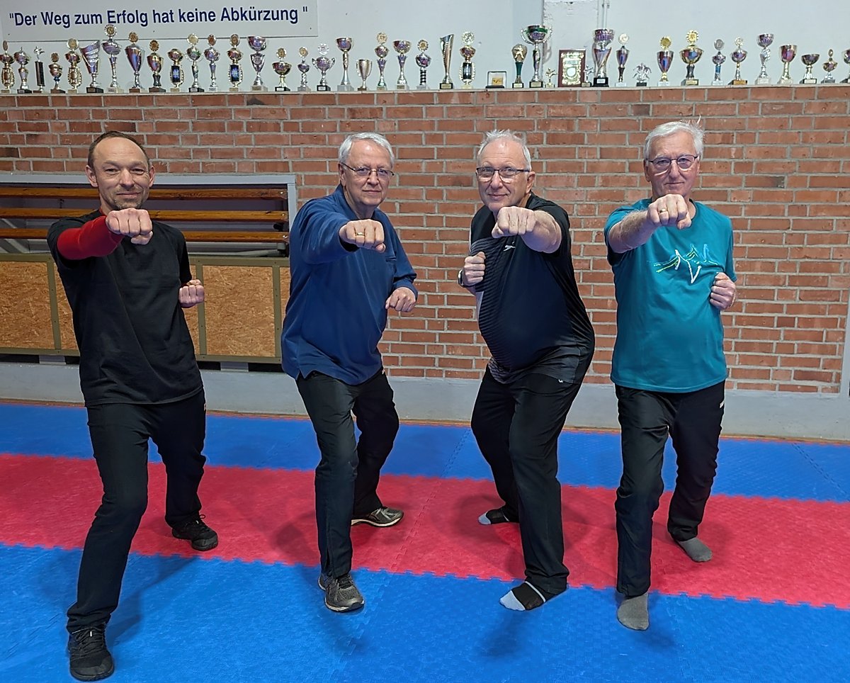 Man sieht vier Herren in Karate-Pose.