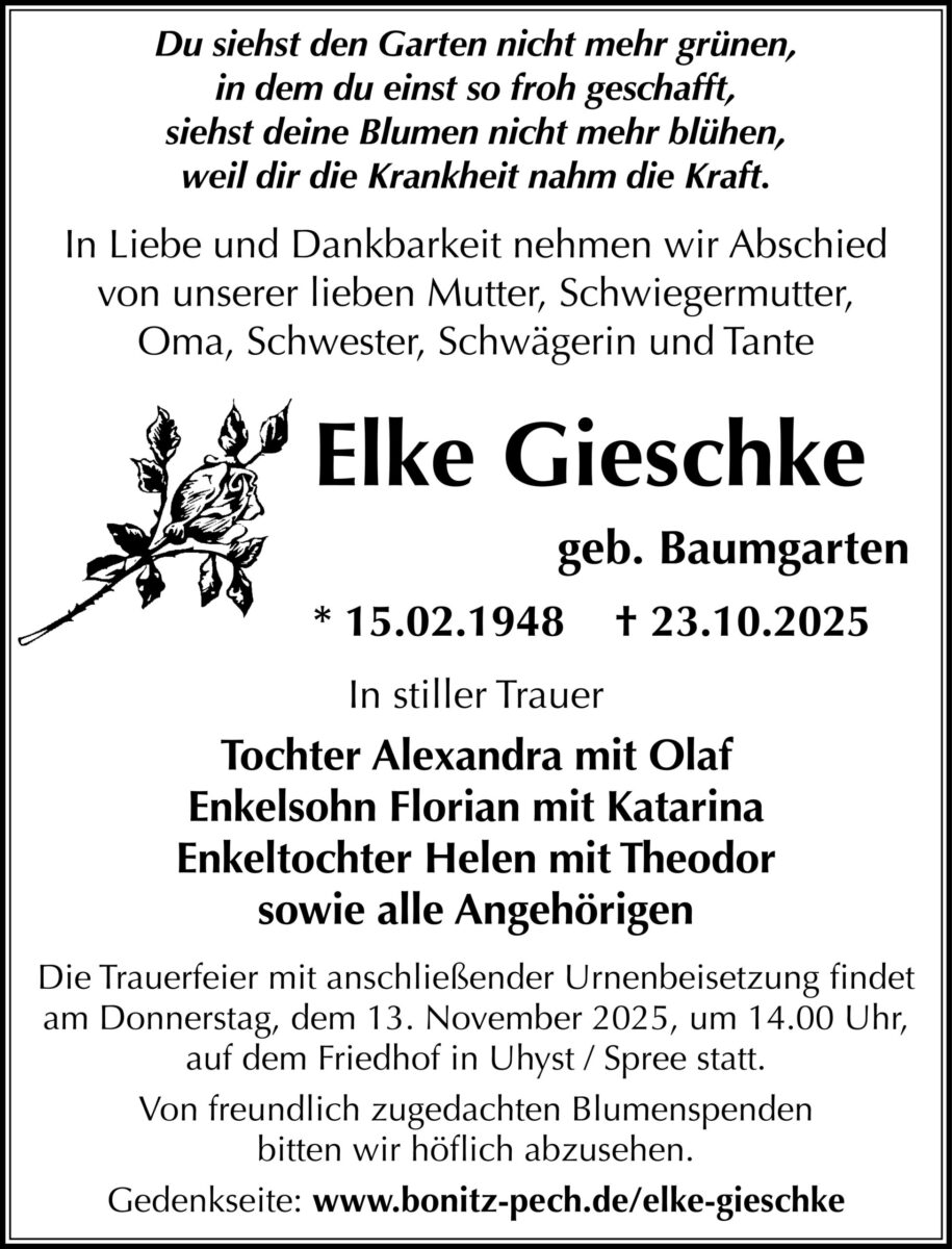 Traueranzeige Elke Gieschke