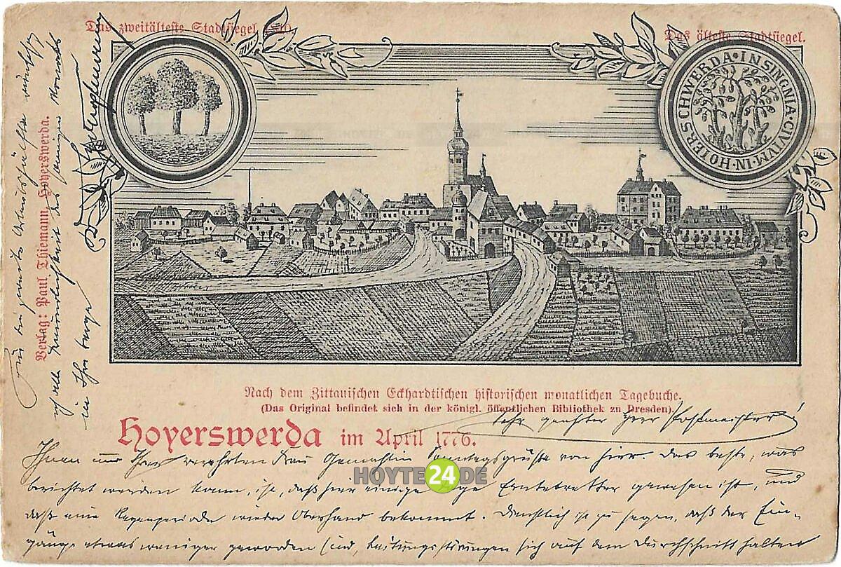Man sieht eine Postkarte mit einer Ansicht von Hoyerswerda aus dem Jahr 1776.